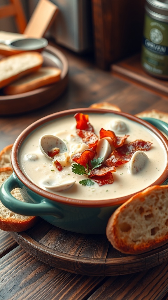 A bowl of clam chowder with bacon and parsley on a wooden table, alongside slices of crusty bread.